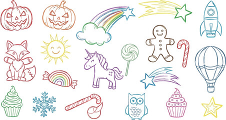 Vector art of assortment of colorful handdrawn doodle icons featuring a unicorn, rocket, fox, and gingerbread man