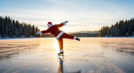 Santa claus gracefully ice skating on a frozen lake at sunset in winter