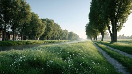 Obraz premium Scenic Row of Lush Green Trees Along Canal with White Flowers on Grassy Bank in Rural Landscape with Soft Sunlight