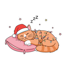 A cute ginger cat wearing a Santa hat sleeps peacefully on a pink pillow all tangled in colorful Christmas lights.