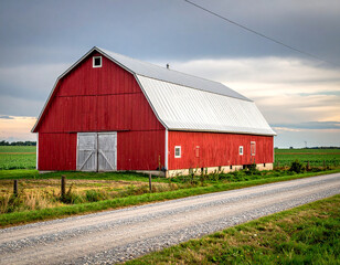 Obraz premium Iconic Red Barn with White Roof Beside a Dirt Road Under a Dramatic Overcast Sky.