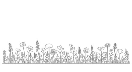 Naklejka premium Elegant hand-drawn wildflowers and grasses border, perfect for creating stylish design elements, invitations, and decorative backgrounds