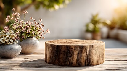 Eco concept wooden podium with natural texture placed bottom center, small empty surface under soft sunlight and blurred wall, designed for product mockup and minimal presentation.