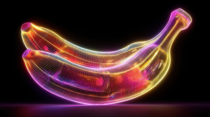 Vibrant and colorful digital artwork of a tropical banana fruit with glowing neon effects, showcasing fresh, organic, and healthy food for vibrant dietary choices