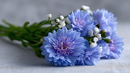 Vibrant Blue Cornflowers with Delicate White Accents Isolated on White Linen Cloth