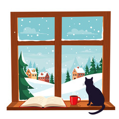 Cozy winter scene with a cat reading a book by the window.