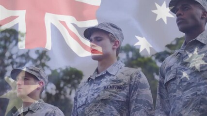 Opening shot showing three military airmen with overlaying fading Australian flag honoring alliance - Powered by Adobe