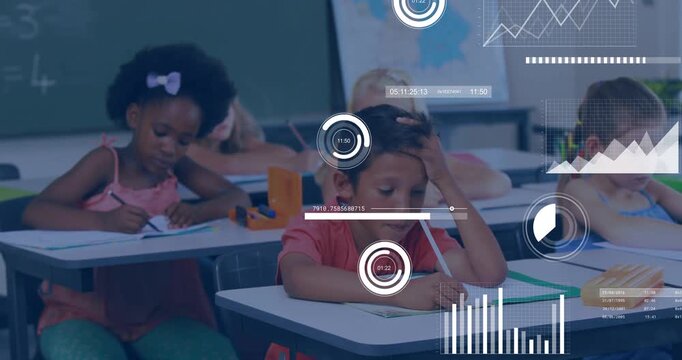 On timer start five students writing classwork while timers and charts updating to track progress