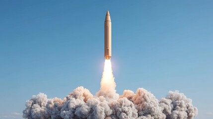 Powerful rocket launches into a clear blue sky, surrounded by billowing clouds of smoke and fire, symbolizing innovation and exploration in space travel.