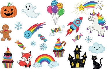 Vector art of whimsical handdrawn fantasy and celebration elements