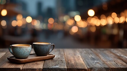 Pair of coffee cups on wooden table with warm blurred light and right side 2/3 blank space, perfect for Valentine’s sale banners, romantic coffee setup, cozy morning scene, and love-themed marketing.