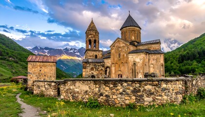 Ancient stone church nestled in a mountain valley at dawn