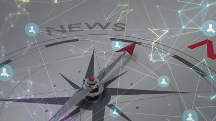 Wireframe network forming around compass while red arrow pointer spinning marking NEWS label - Powered by Adobe
