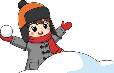 Cute child playing in snowy winter landscape holding snowball, wearing warm coat, red scarf, orange hat, cheerful Christmas holiday outdoor fun