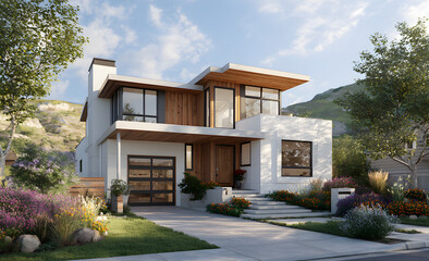 Fototapeta premium Photorealistic Modern House with Garden and Open Garage