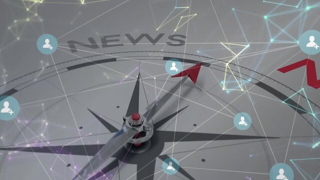 Wireframe network forming around compass while red arrow pointer spinning marking NEWS label