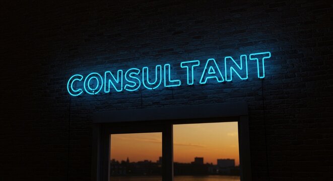 Bright blue neon "CONSULTANT" sign glows against a dark brick wall above a reflective window showing a city skyline at sunset, evoking expertise and opportunity.