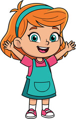 Happy cartoon redhead little girl with teal dress and pink shirt, cheerful child character vector illustration for kids education design