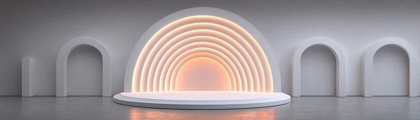 Obraz premium A clean presentation stage features an illuminated semi circle backdrop with alcoves in a minimalist, contemporary architectural space.