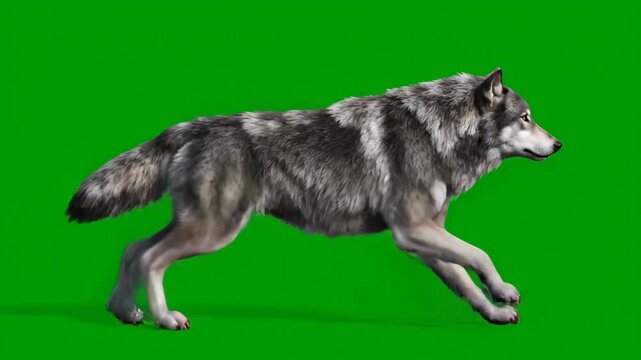 Wolf running on a green screen, perfect for adding a majestic touch to your projects, A green screen wolf ready to be composited into your next video or design