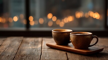 Two coffee cups on wooden table with warm soft lighting and 2/3 blank right side, ideal for Valentine’s sale banners, cozy romantic scene, couple breakfast setup, and love-themed marketing.
