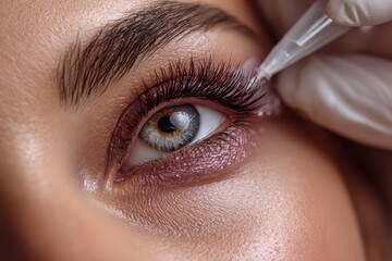 Close-up of woman's eye with long lashes getting treatment, pink makeup. Ideal for beauty, cosmetics, or spa related websites and advertising.