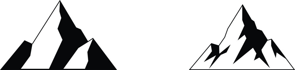 Abstract graphic representation of two jagged black mountain peaks with dashed outline suggesting growth or erosion against a white background