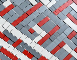 Abstract geometric pattern of interlocking rectangles in red, gray, and white