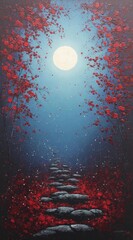 A path of dark gray stones winds through a forest of red leaves under a luminous full moon, casting a mystical and serene atmosphere.