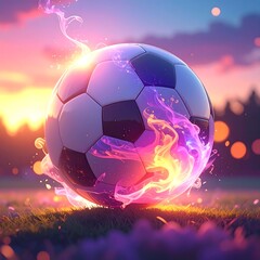 Dynamic soccer ball on fire with vibrant energy and sunset glow, perfect for sports, gaming, and creative design projects needing a dramatic flair.