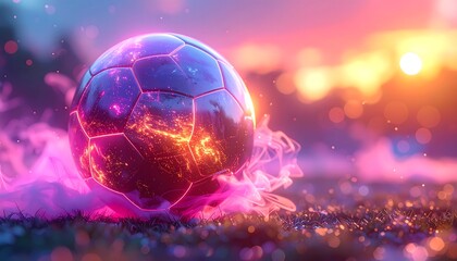Futuristic soccer ball glowing with vibrant energy and light in a dreamy, magical landscape with bokeh, perfect for sports and fantasy concepts