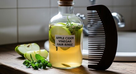 Photo of sustainability homemade apple cider vinegar hair rinse in a glass bottle with fresh apple slices and mint, next to a wooden comb, suggesting natural hair care and beauty