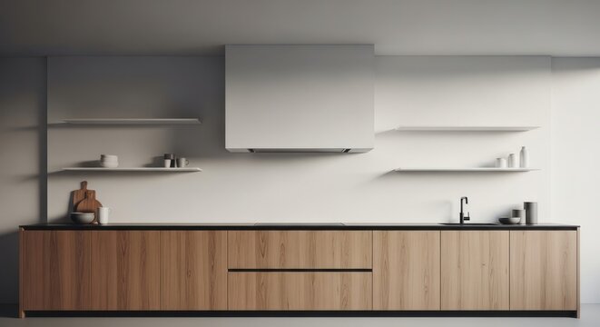 Modern kitchen with sleek wood cabinetry and minimalist shelving