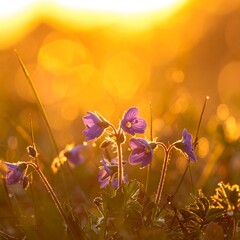 Purple flowers bathed in golden sunlight