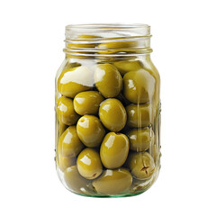 Green Olives in Glass Jar Food Preservation isolated on a white background