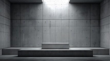 Raw concrete podium bottom center with empty surface, textured industrial wall backdrop, modern architecture display stage with 70% blank area for product presentation
