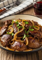 Delicious liver and onions dish served on a plate with a glass of red wine nearby on a wooden table