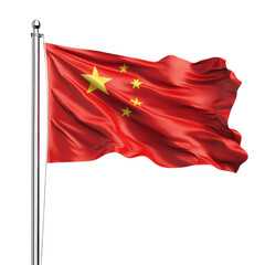 Chinese flag waving on flagpole against black background isolated on a white background