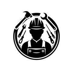 A stylized illustration of a construction worker surrounded by various tools, in a circular design.