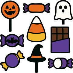 Cute Halloween Candy and Icon Set - Jack-O'-Lantern Lollipop, Ghost, Witch Hat & Sweets Collection