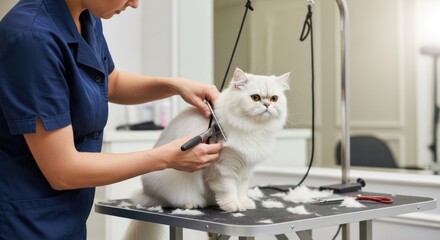 A groomer trimming a white cat's fur with a pair of clippers in a grooming salon.