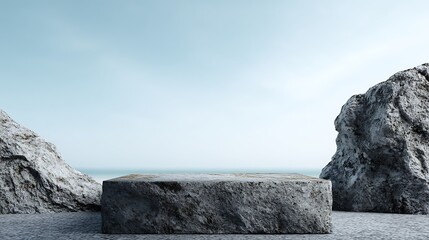 Rough natural stone podium at bottom center with empty surface under outdoor sunlight, soft sky gradient background, 70% blank space for minimal product display mockup