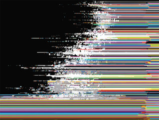 흑백 배경에 다채로운 색상의 수평선이 흩어져 추상적인 예술적 표현을 보여주는 벡터 일러스트레이션.