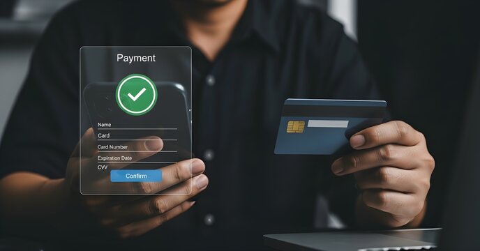 A person is holding a transparent device displaying a payment confirmation screen with a green checkmark, and a credit card in the other hand.