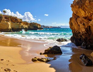 Sunny Coastal Beach with Rocks and Waves