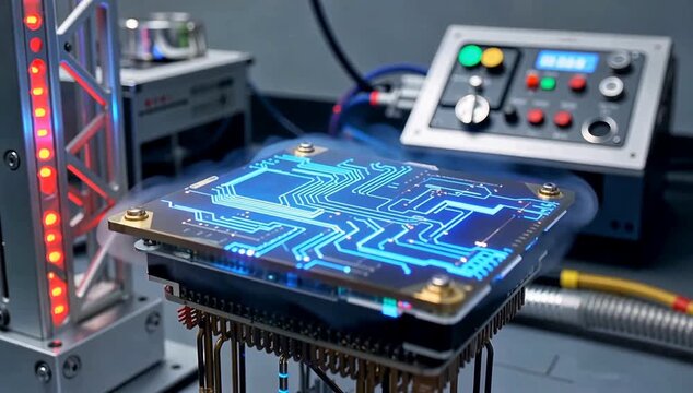 Advanced quantum computer processor innovation with glowing neon circuits and cryogenic cooling in a futuristic research lab