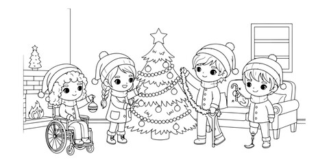 Kids on Ladder and Floor Decorating Christmas Tree