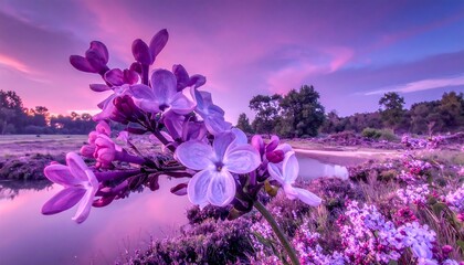 Purple flowers by a still water at sunrise