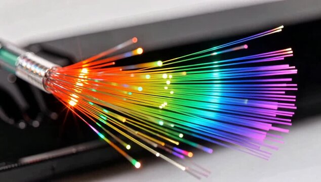 Vibrant rainbow spectrum of light emanating from a fiber optic cable, symbolizing high-speed digital communication and data transfer technology
