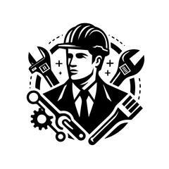 A monochrome illustration featuring a construction worker surrounded by tools, showcasing engineering and industry.